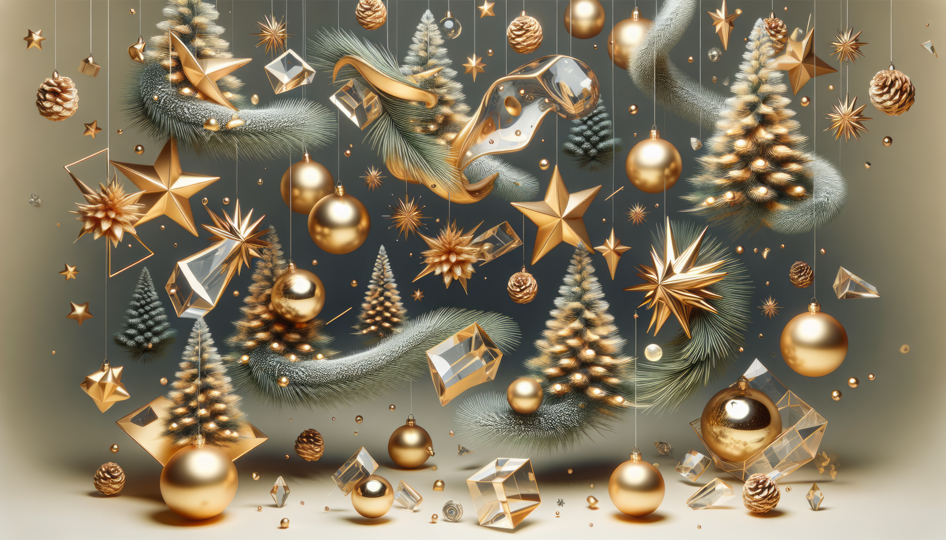 Elegant HD desktop wallpaper featuring stylish Christmas decorations with sparkling pine trees, gold and silver ornaments, and festive stars on a subtle gray background.