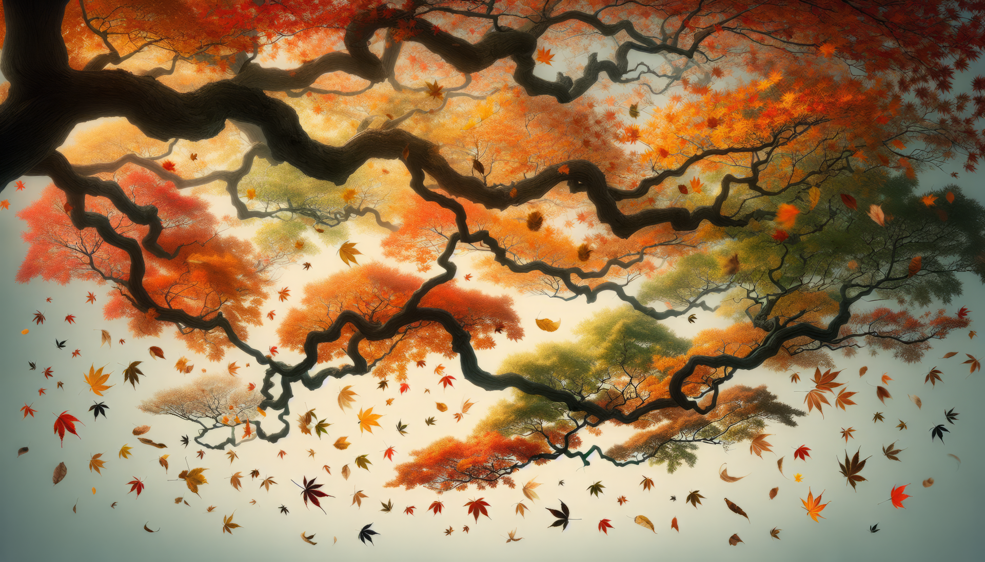 HD wallpaper of autumn leaves falling from colorful trees for desktop background.