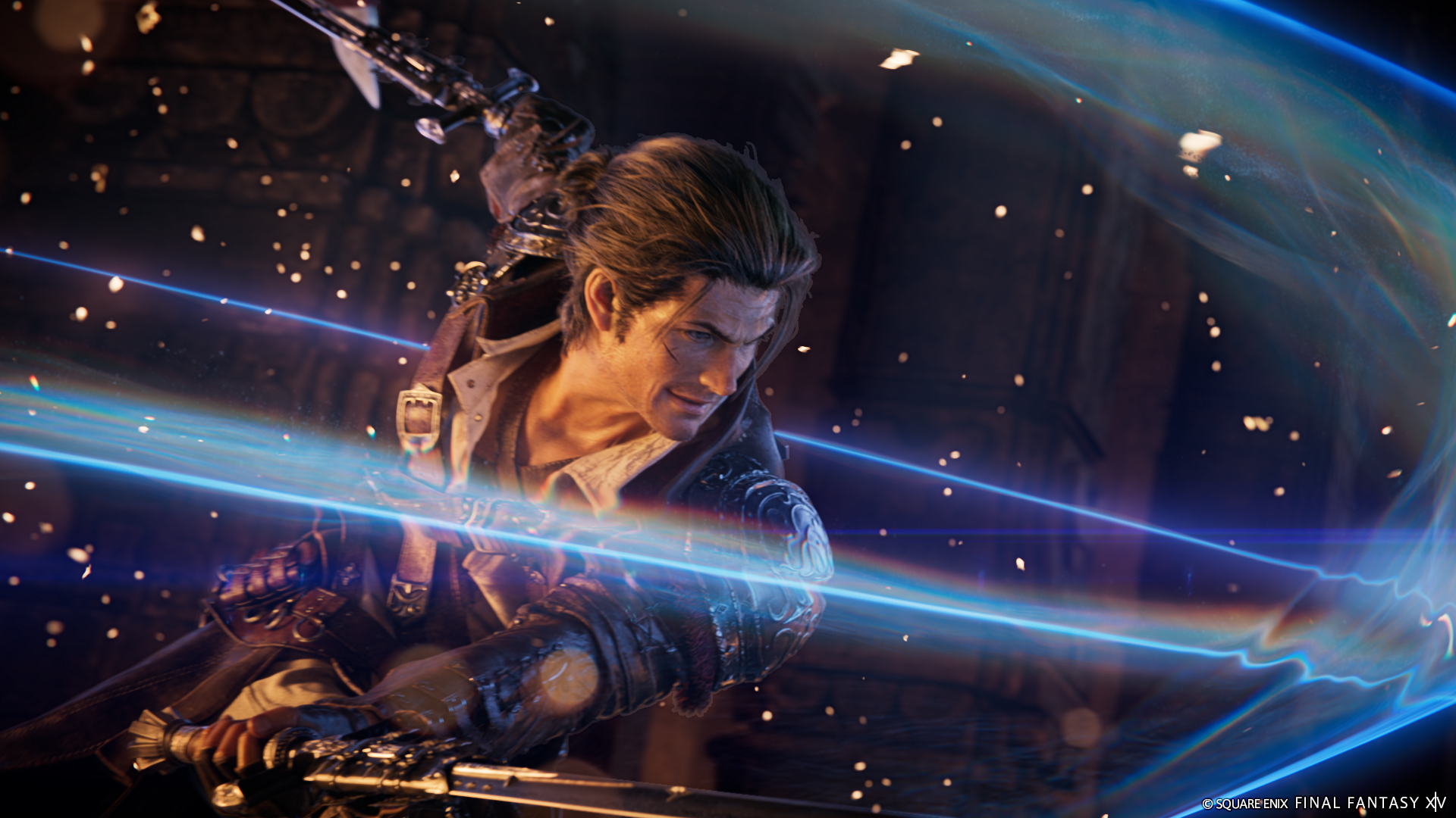 HD desktop wallpaper of a character from Final Fantasy XIV: Dawntrail, wielding a glowing weapon with dynamic lighting effects.