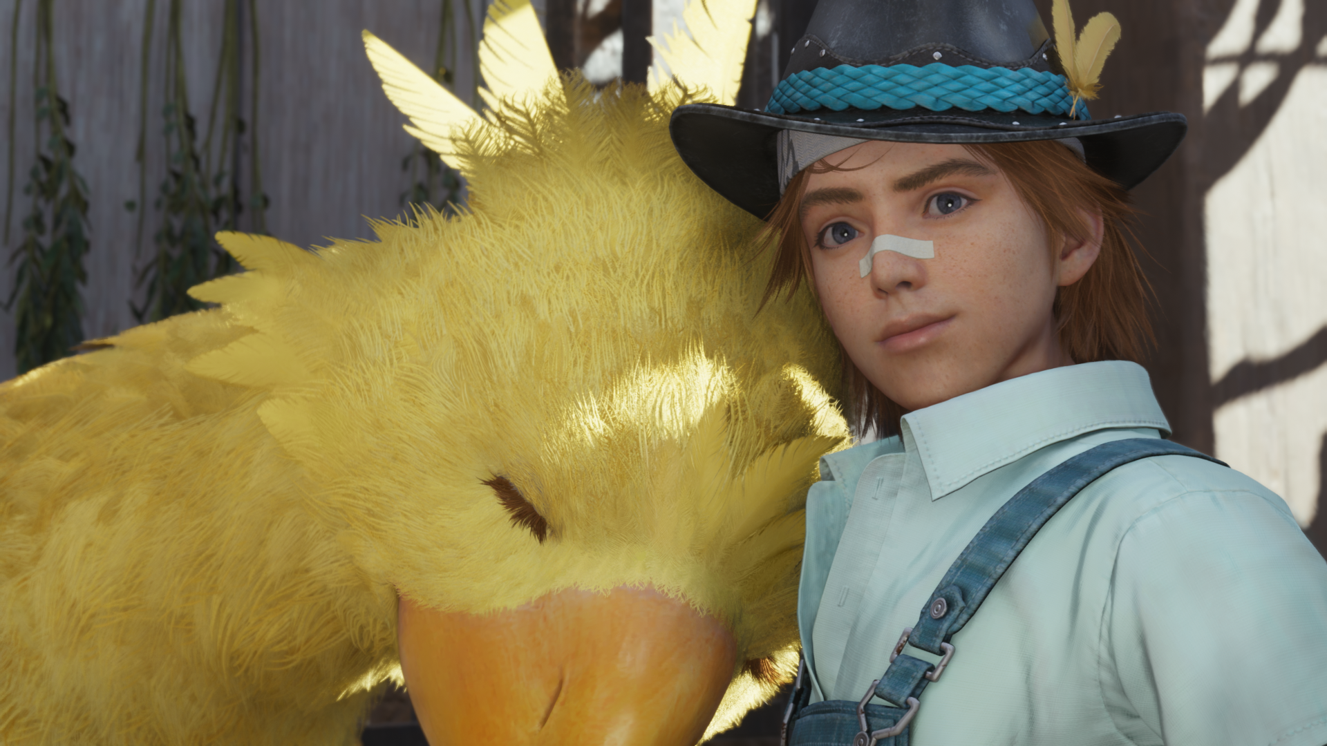 A vibrant HD desktop wallpaper from Final Fantasy VII Rebirth features a young character with red hair and a hat, alongside a large yellow Chocobo, showcasing their bond in a colorful setting.
