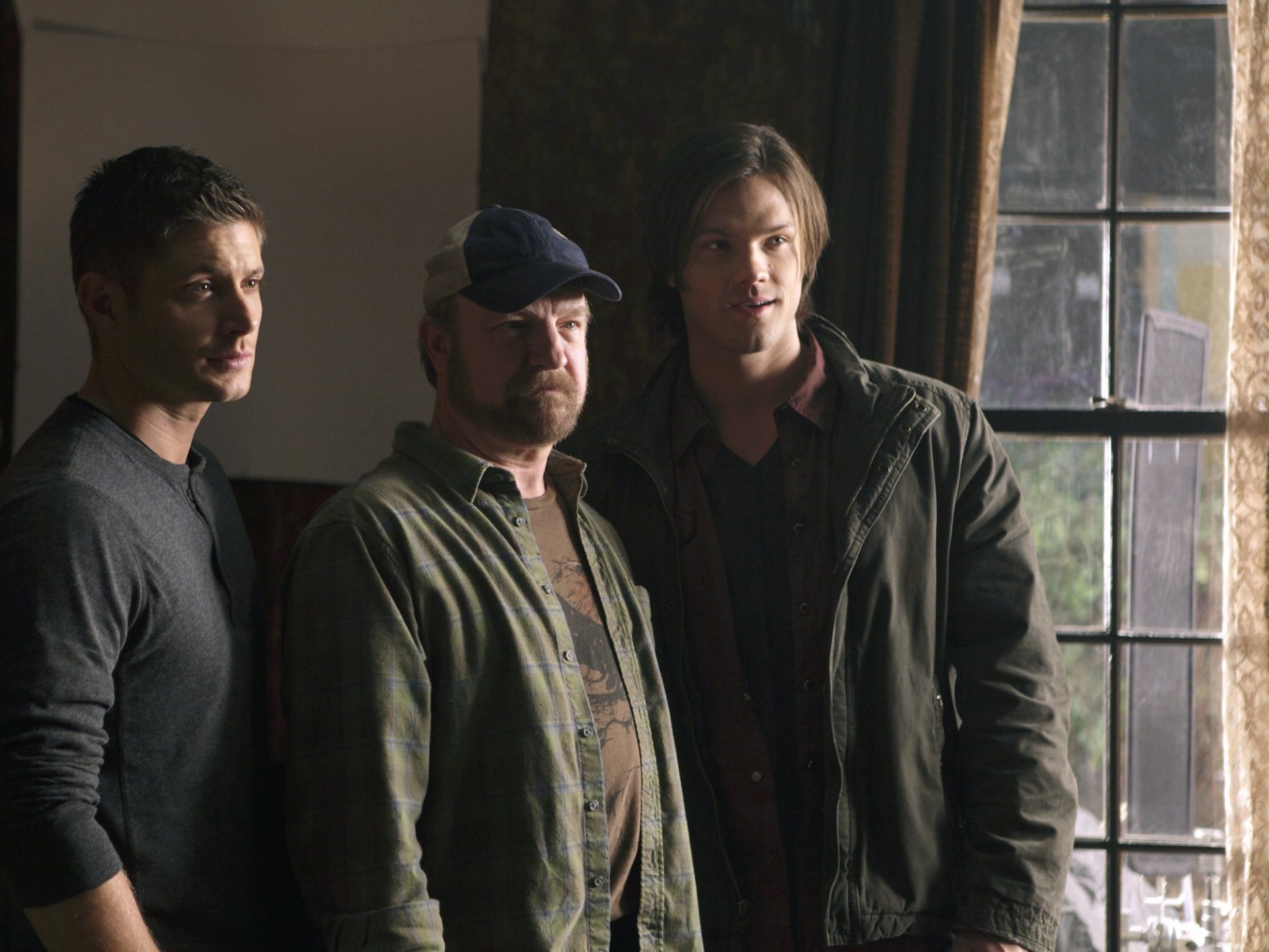 HD desktop wallpaper featuring Jared Padalecki, Jensen Ackles, and Bobby Singer from the TV show Supernatural, portraying Sam Winchester, Dean Winchester, and Bobby Singer.