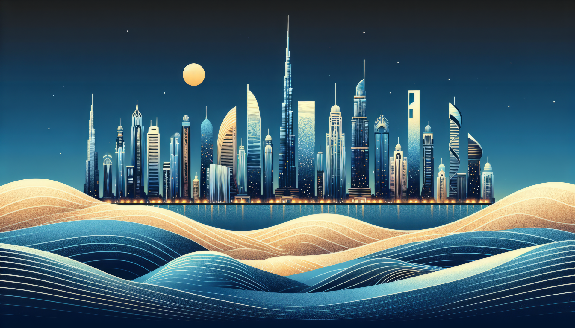 Illustration of Dubai skyline silhouette with surreal sand dunes as an HD desktop wallpaper.