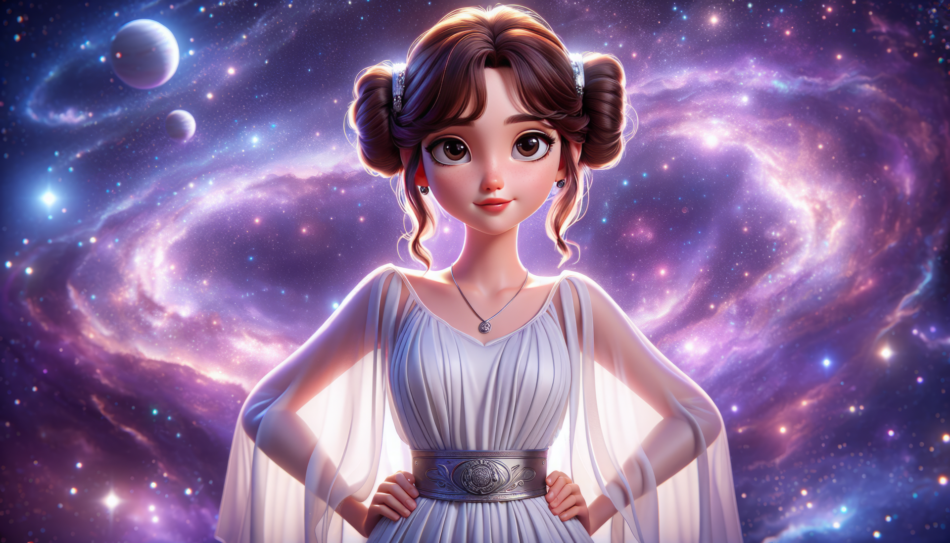 HD desktop wallpaper featuring an animated interpretation of Princess Leia with a cosmic galaxy background.