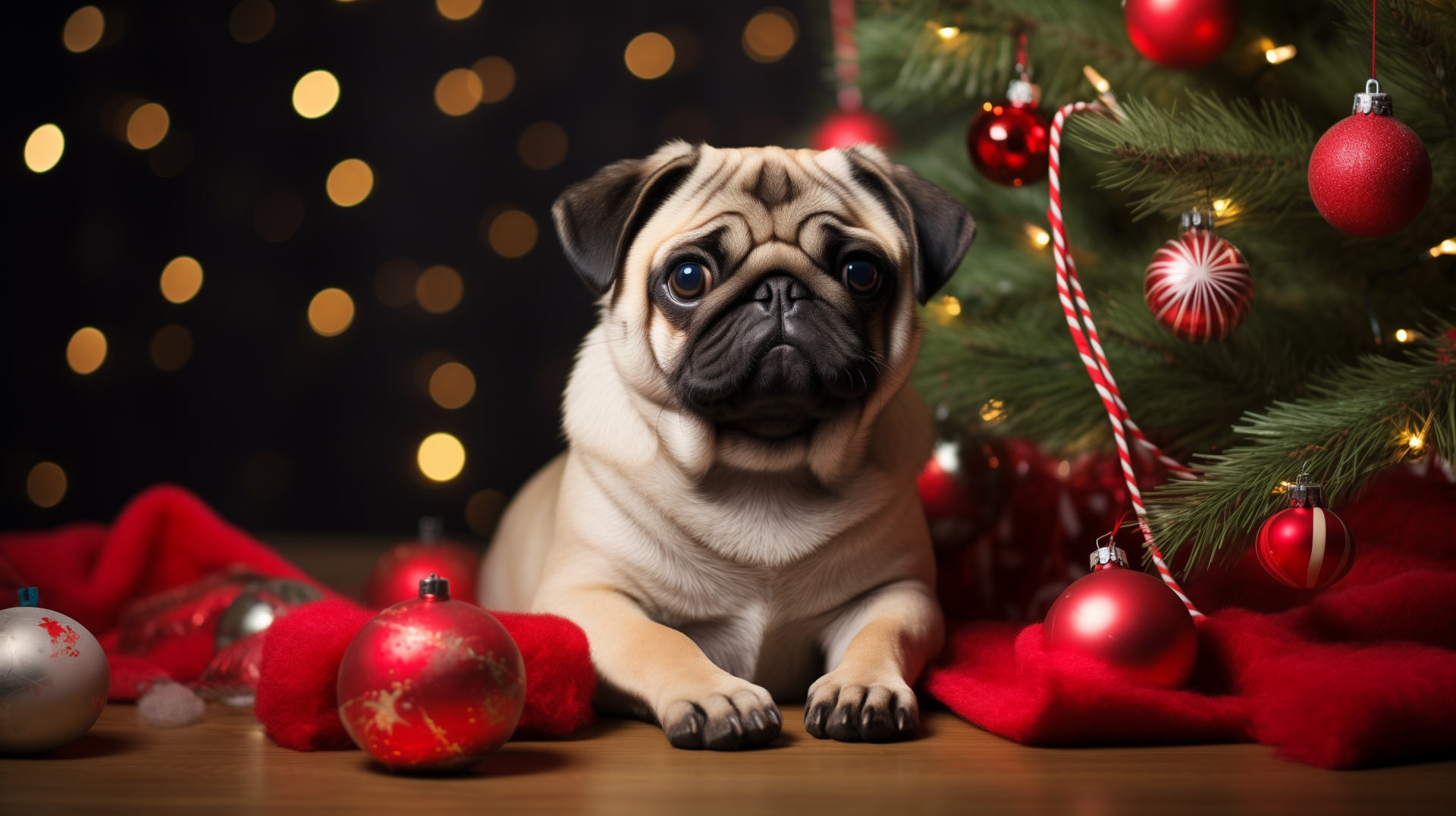 Cute pug dog sitting beside Christmas tree with ornaments, festive holiday-themed HD desktop wallpaper and background.