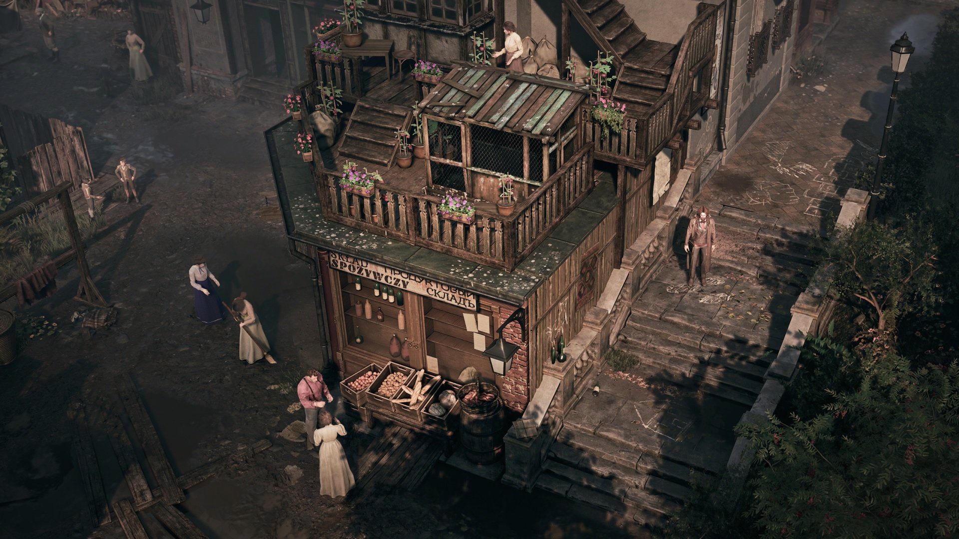 HD desktop wallpaper of a mystical Thaumaturge scene with detailed illustration of a bustling, old-world street and intriguing architecture.