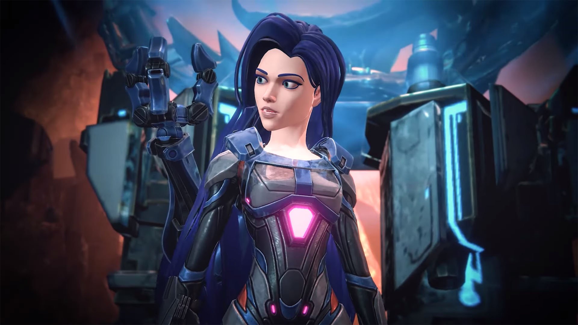 A high-definition desktop wallpaper from the video game Trinity Fusion, featuring a character with long purple hair and a futuristic armored outfit, set against a sci-fi backdrop.