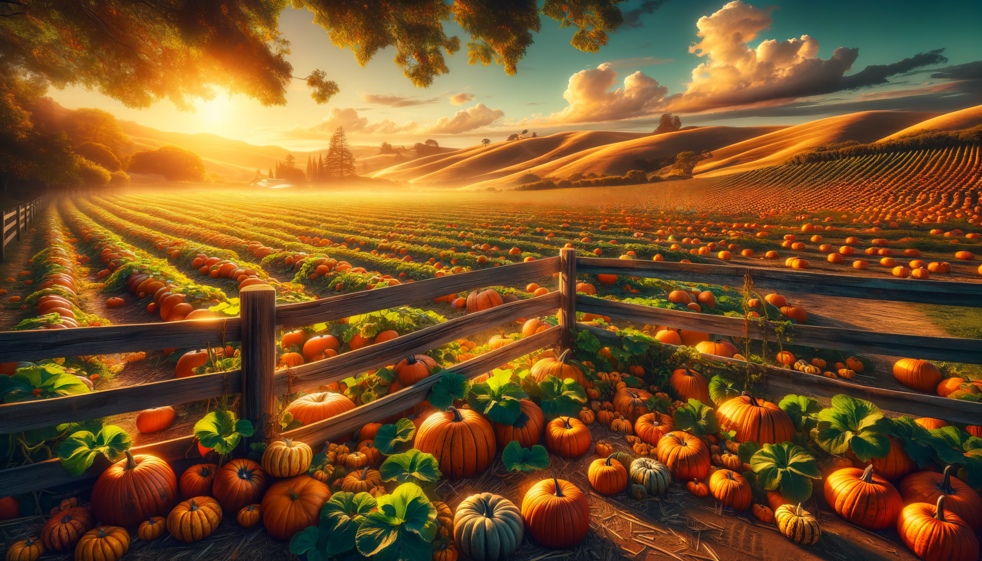 A vibrant pumpkin patch under a golden sunset, showcasing rows of pumpkins amidst lush greenery, creating a serene and picturesque scene for your HD desktop wallpaper.