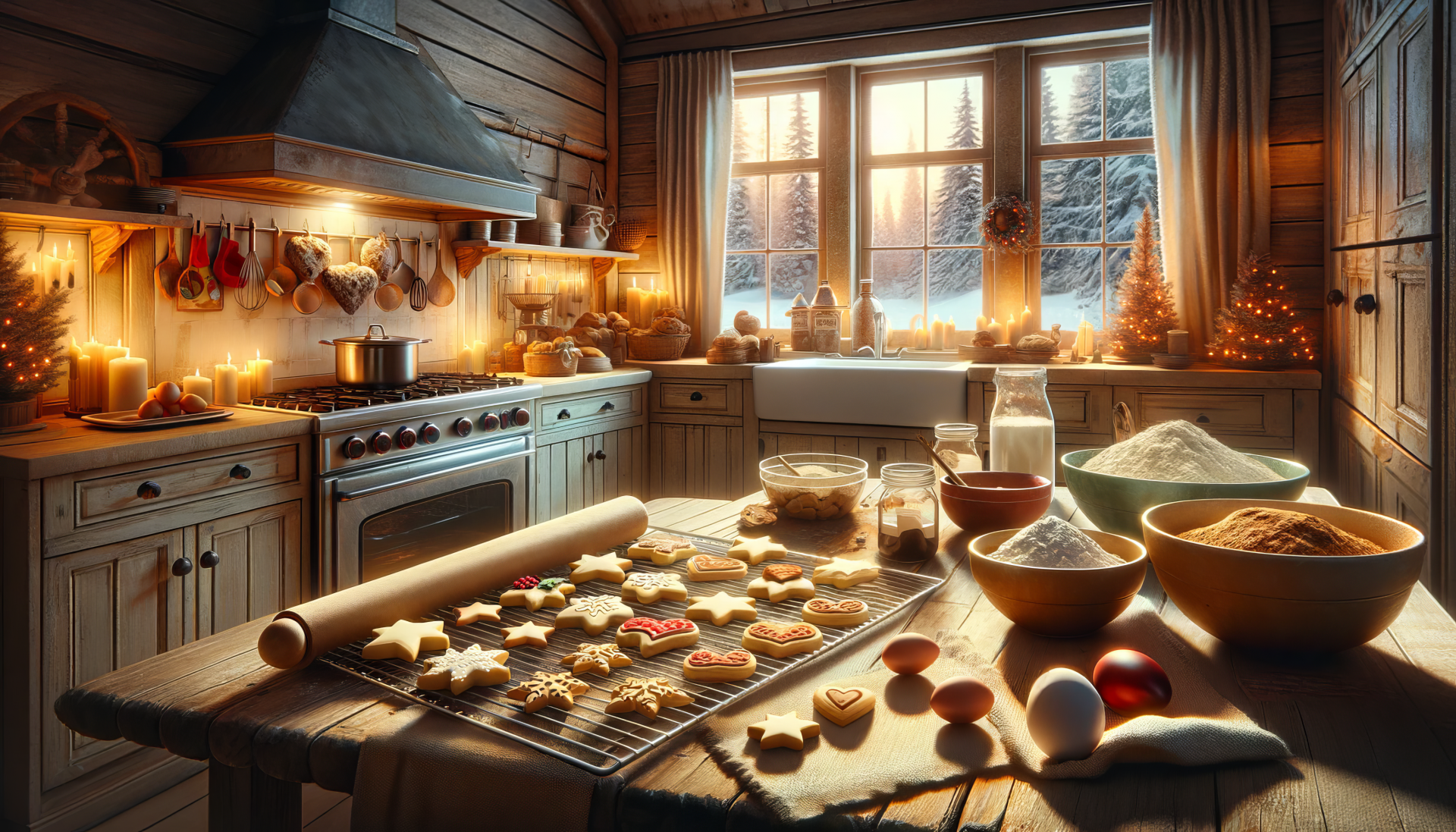 HD desktop wallpaper of a cozy kitchen scene with cookie baking ingredients and freshly baked cookies on a wooden table.