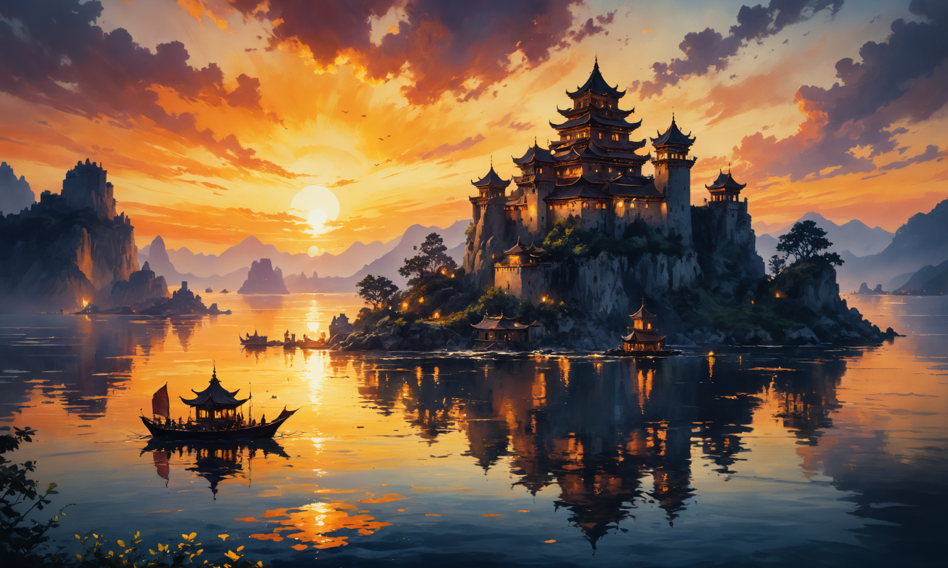 HD PC desktop wallpaper featuring a fantasy castle at sunset, reflected on calm water with boats, rendered in vibrant colors through AI art.