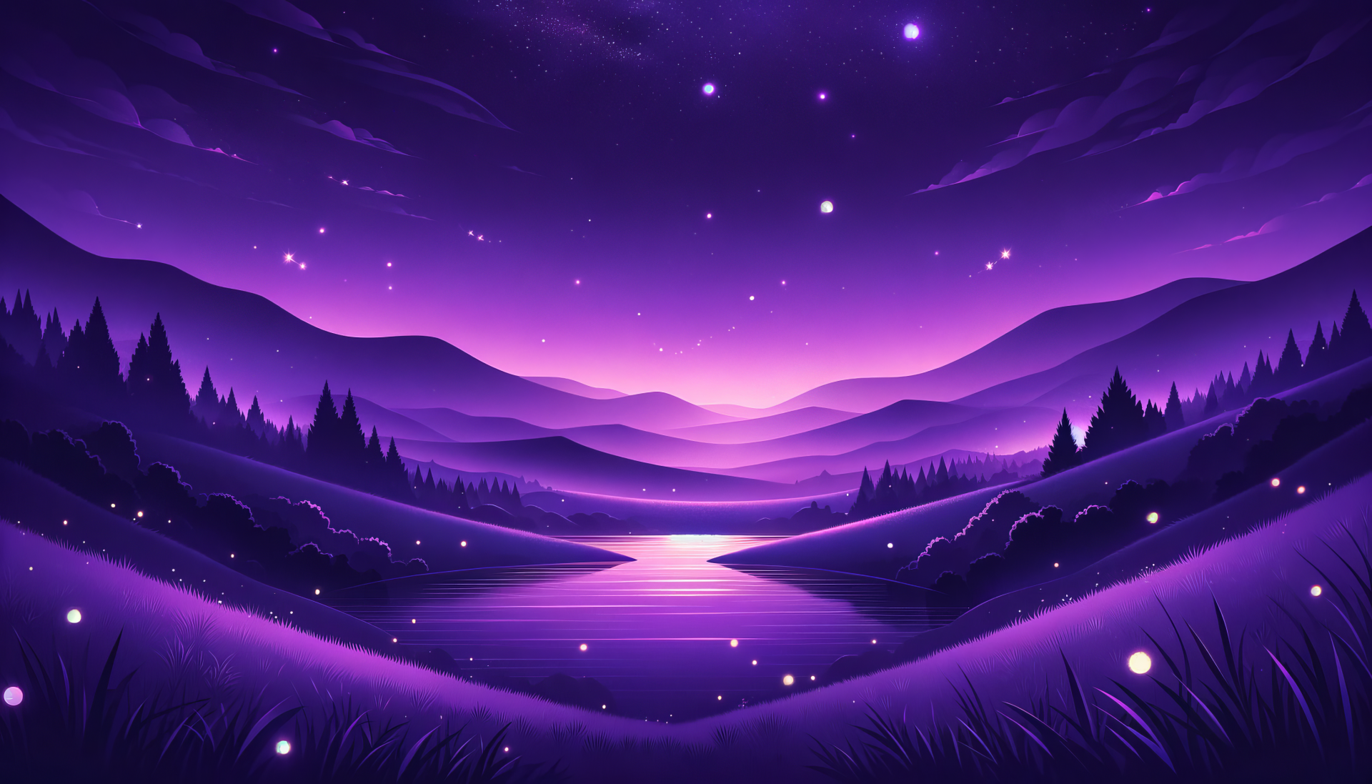 HD desktop wallpaper featuring a serene purple landscape with mountains, a reflective river, and a starry sky, embodying a purple aesthetic.