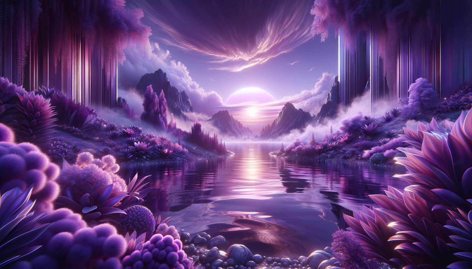 HD desktop wallpaper featuring a serene purple aesthetic with a mystical landscape of mountains, a reflective lake, and a vibrant sunset among wispy clouds.