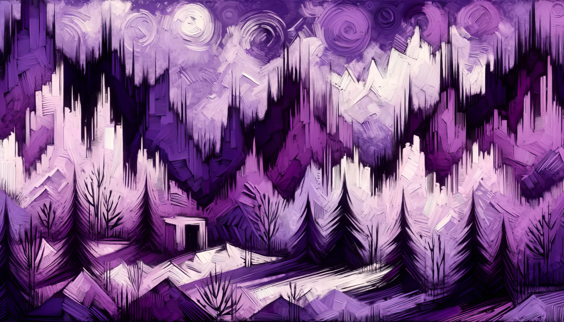 A vibrant HD desktop wallpaper showcasing a dreamy purple landscape with jagged mountains and abstract trees, embodying a striking purple aesthetic.