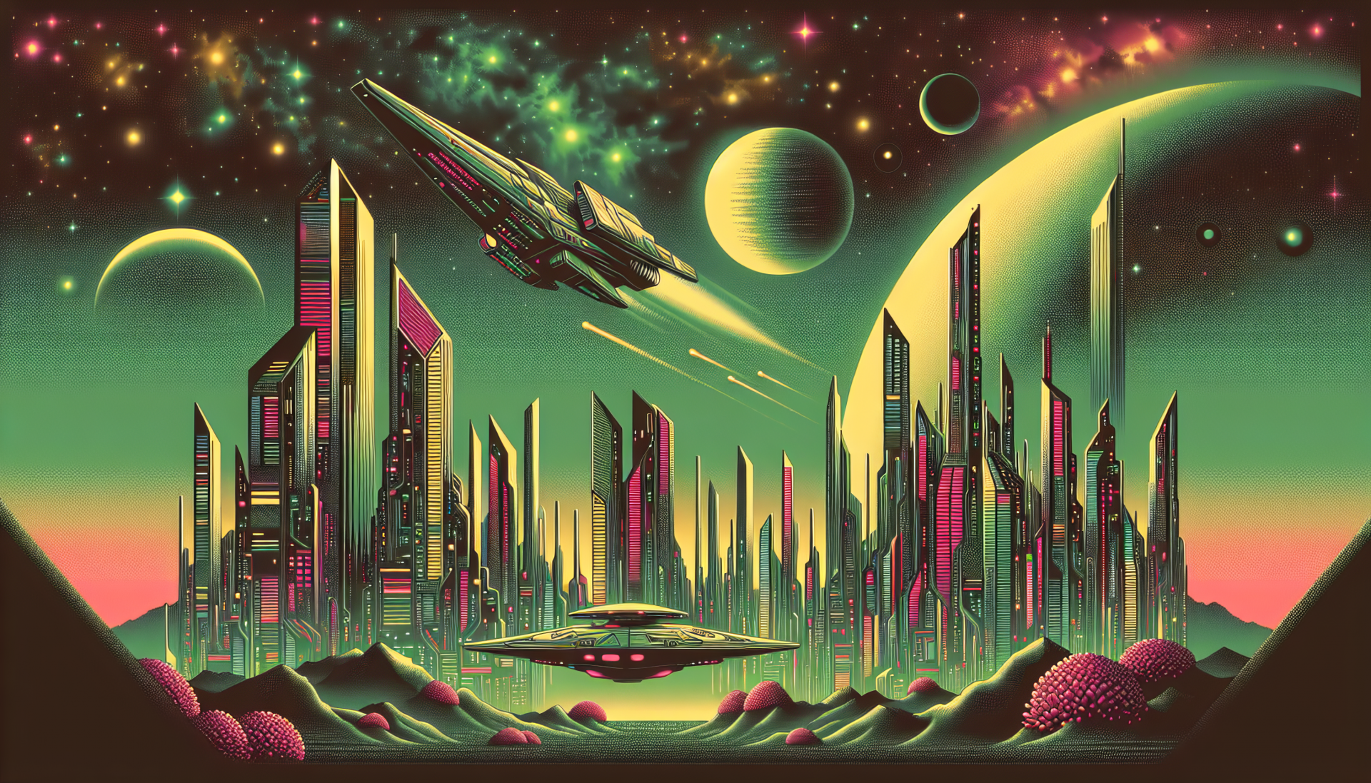 HD futuristic city wallpaper with spacecraft and planets for desktop background.