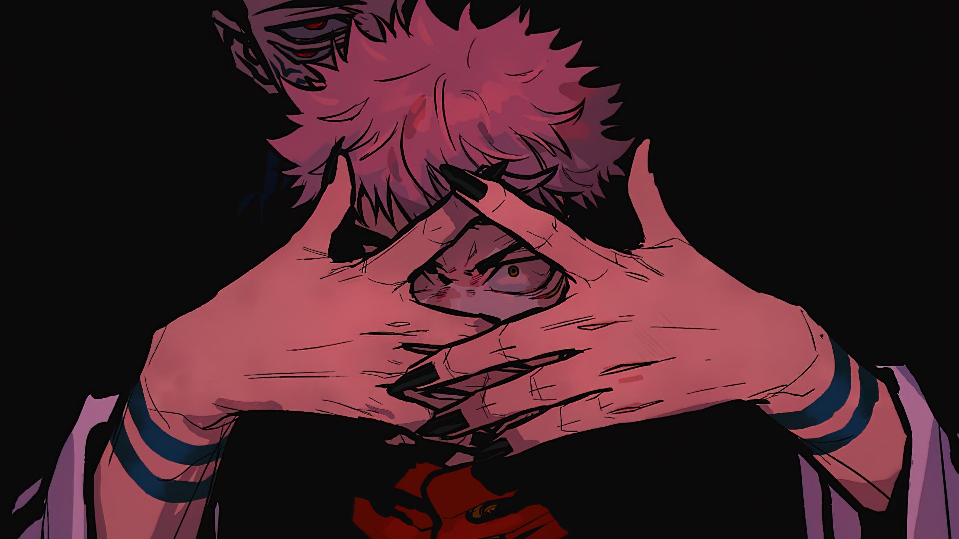 HD wallpaper of Sukuna from the anime Jujutsu Kaisen, shown with his face framed by his fingers, designed for vibrant OLED display.