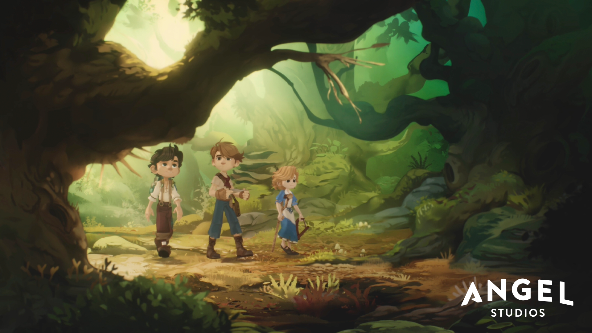 HD desktop wallpaper featuring characters from The Wingfeather Saga exploring a lush forest, with the logo of Angel Studios visible.
