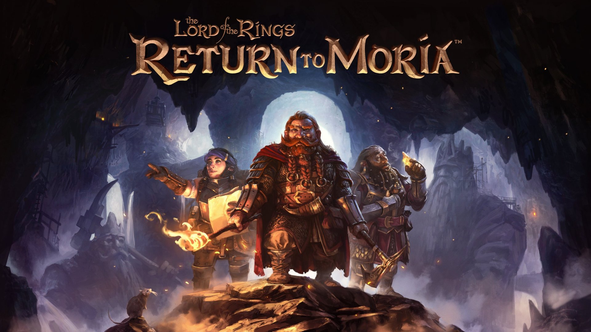 HD desktop wallpaper of The Lord of the Rings: Return to Moria featuring three dwarves in a cavernous, mystical setting.