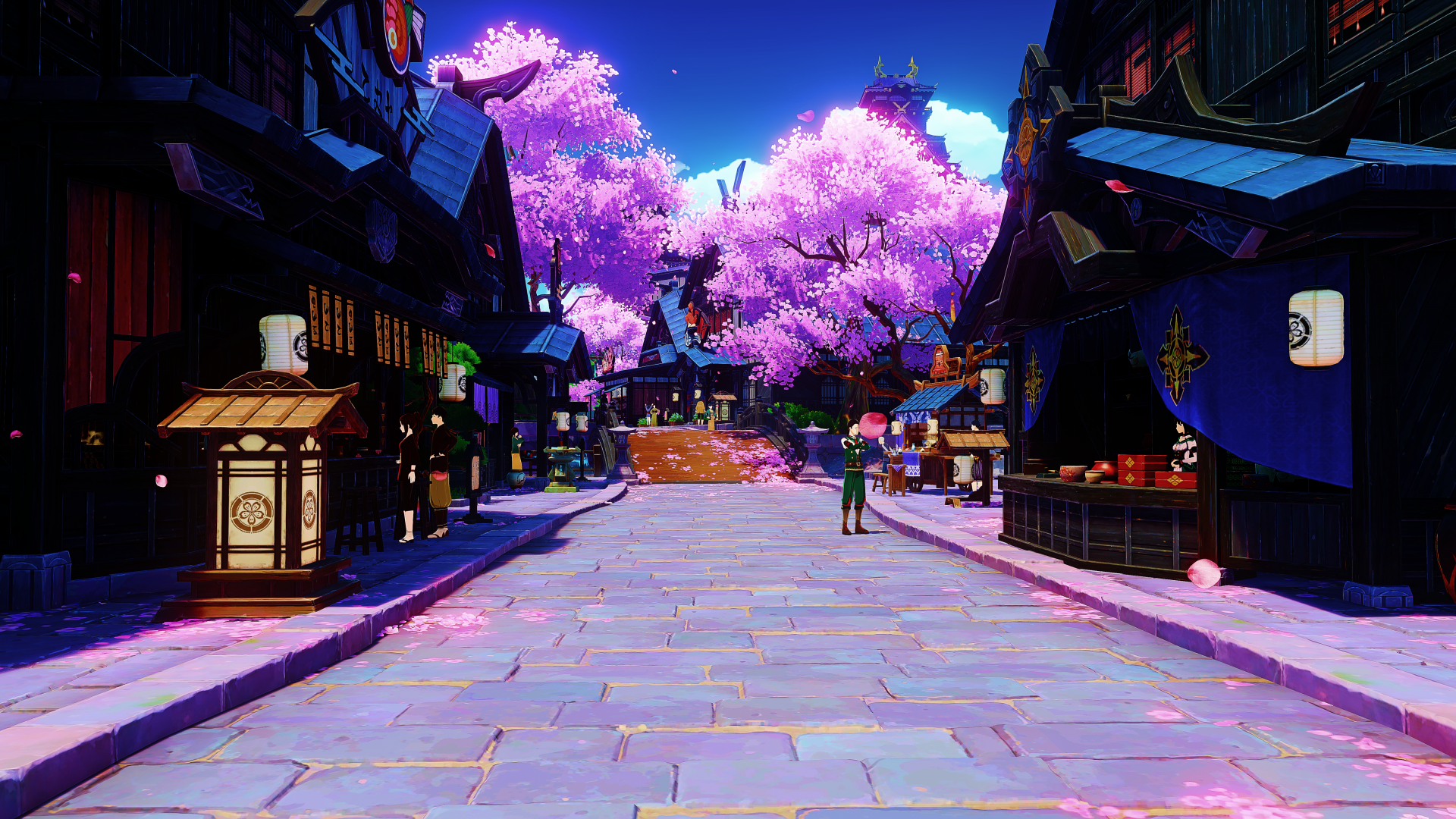 4K Ultra HD PC desktop wallpaper featuring a vibrant street scene from the video game Genshin Impact, with glowing cherry blossoms and detailed traditional buildings.