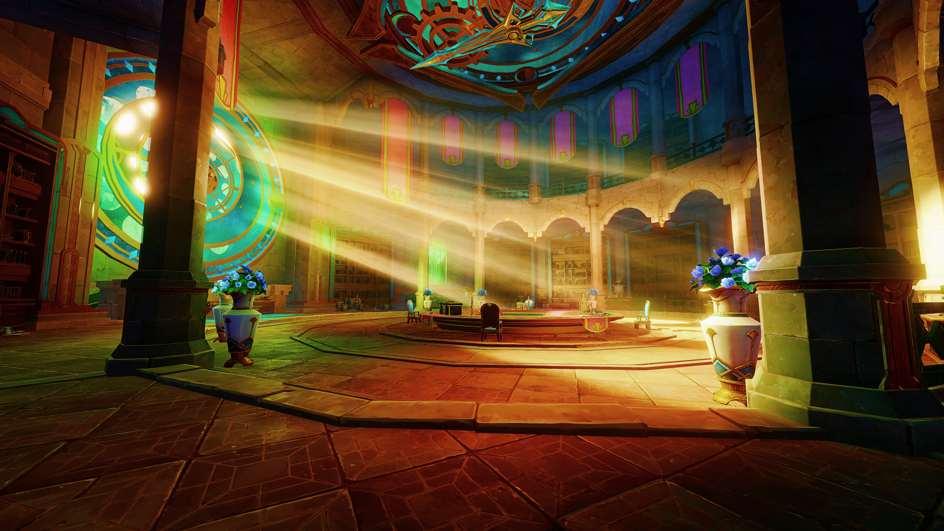4K Ultra HD PC desktop wallpaper featuring a vibrant, sunlit interior scene from the video game Genshin Impact with detailed architectural elements and colorful lighting.