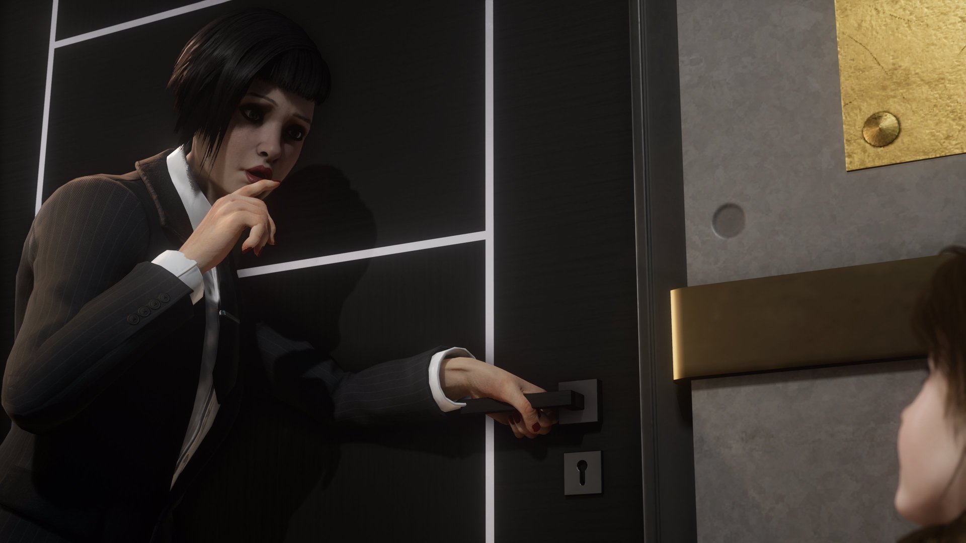 HD wallpaper featuring a scene from Vampire: The Masquerade - Swansong game, with a character stealthily opening a door.