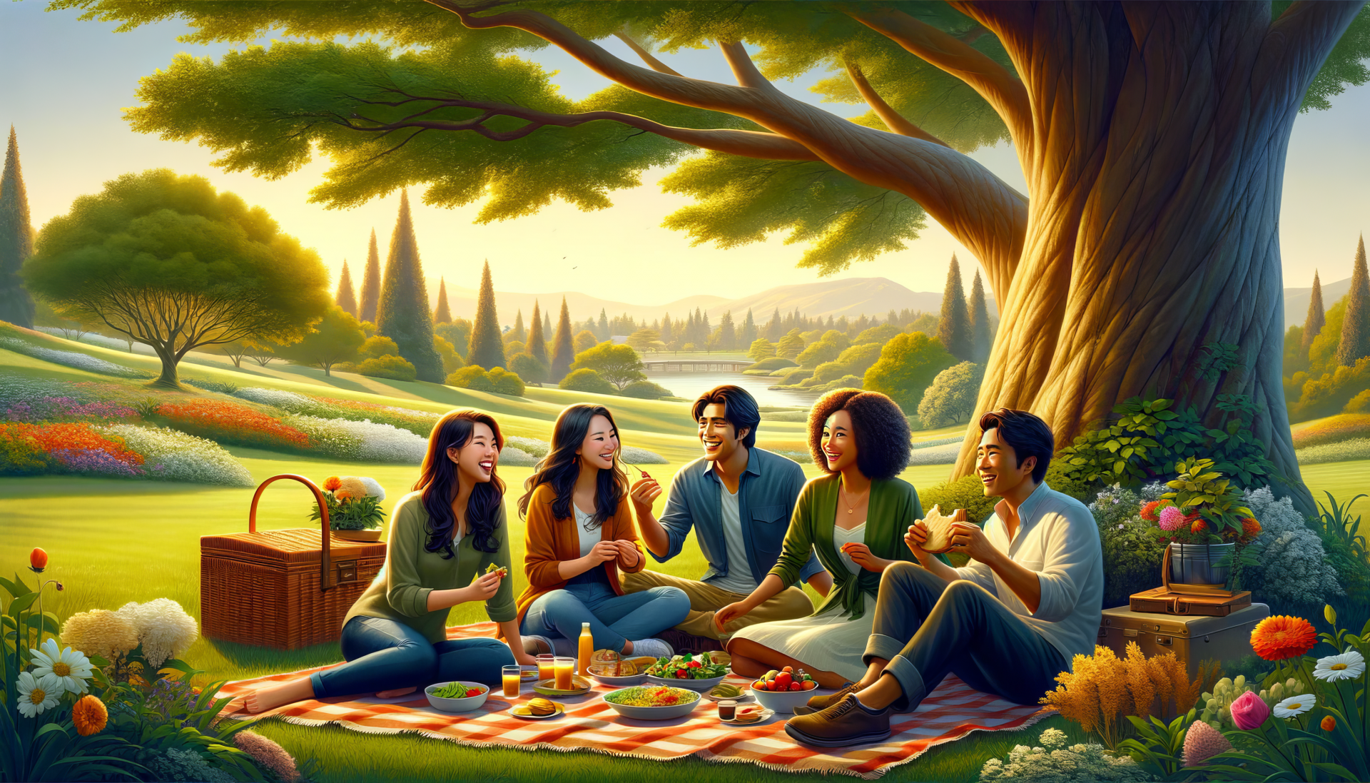 HD wallpaper of friends enjoying a picnic under a large tree with a scenic landscape background.