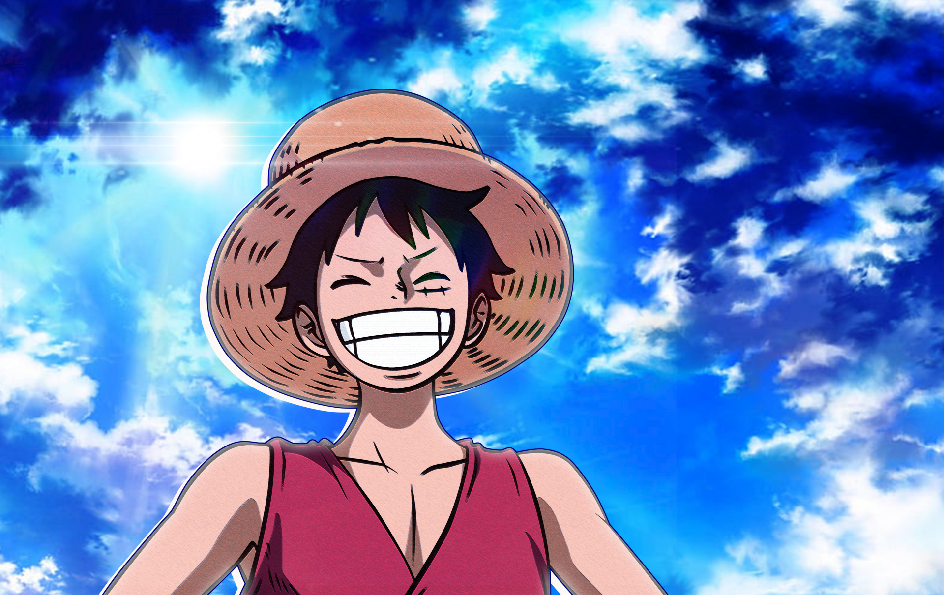 Monkey D. Luffy from One Piece anime, wearing his iconic straw hat, smiling against a vibrant blue sky. 4K Ultra HD PC desktop wallpaper.