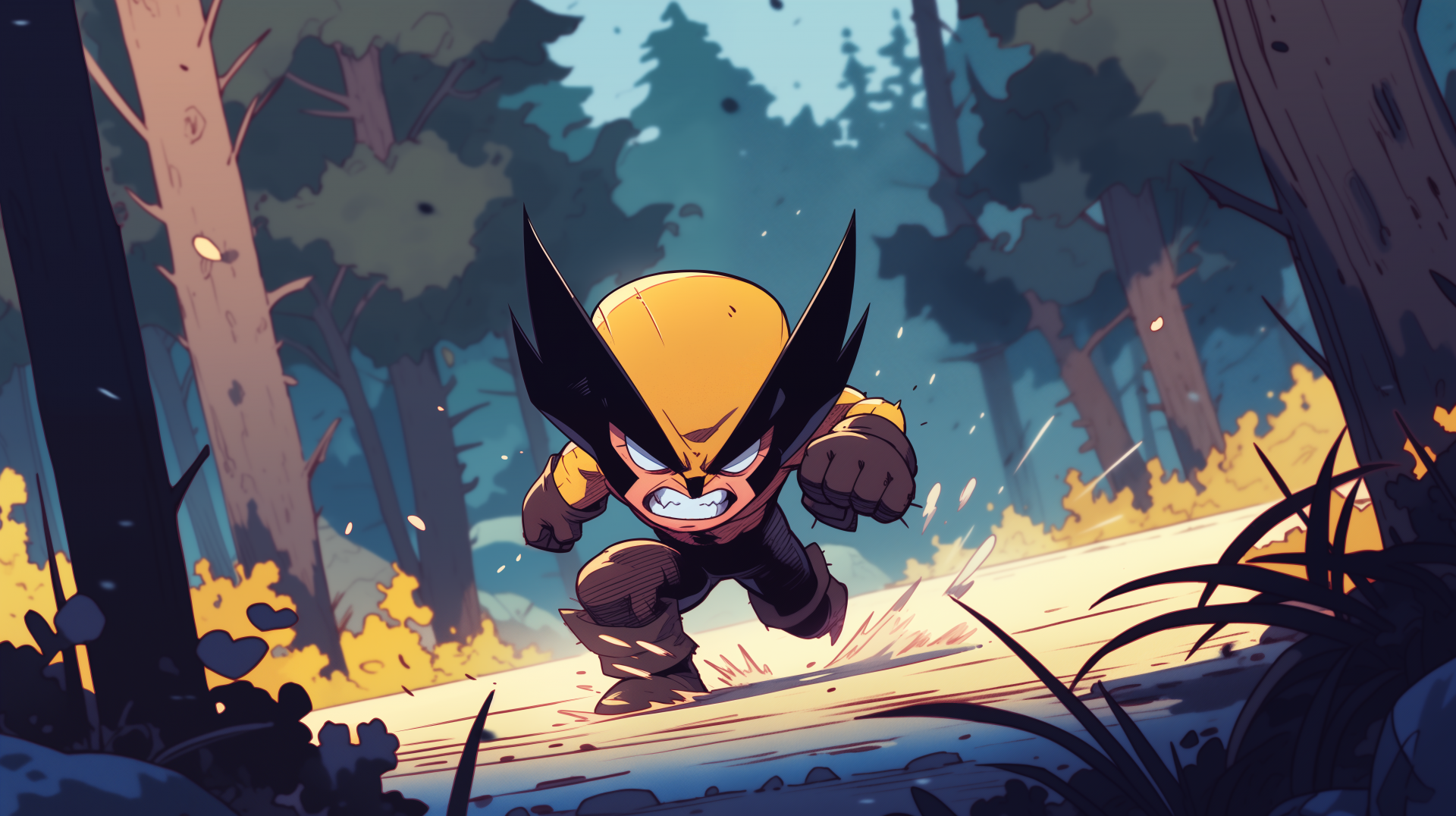 HD desktop wallpaper featuring a stylized illustration of Wolverine from X-Men charging through a forest.