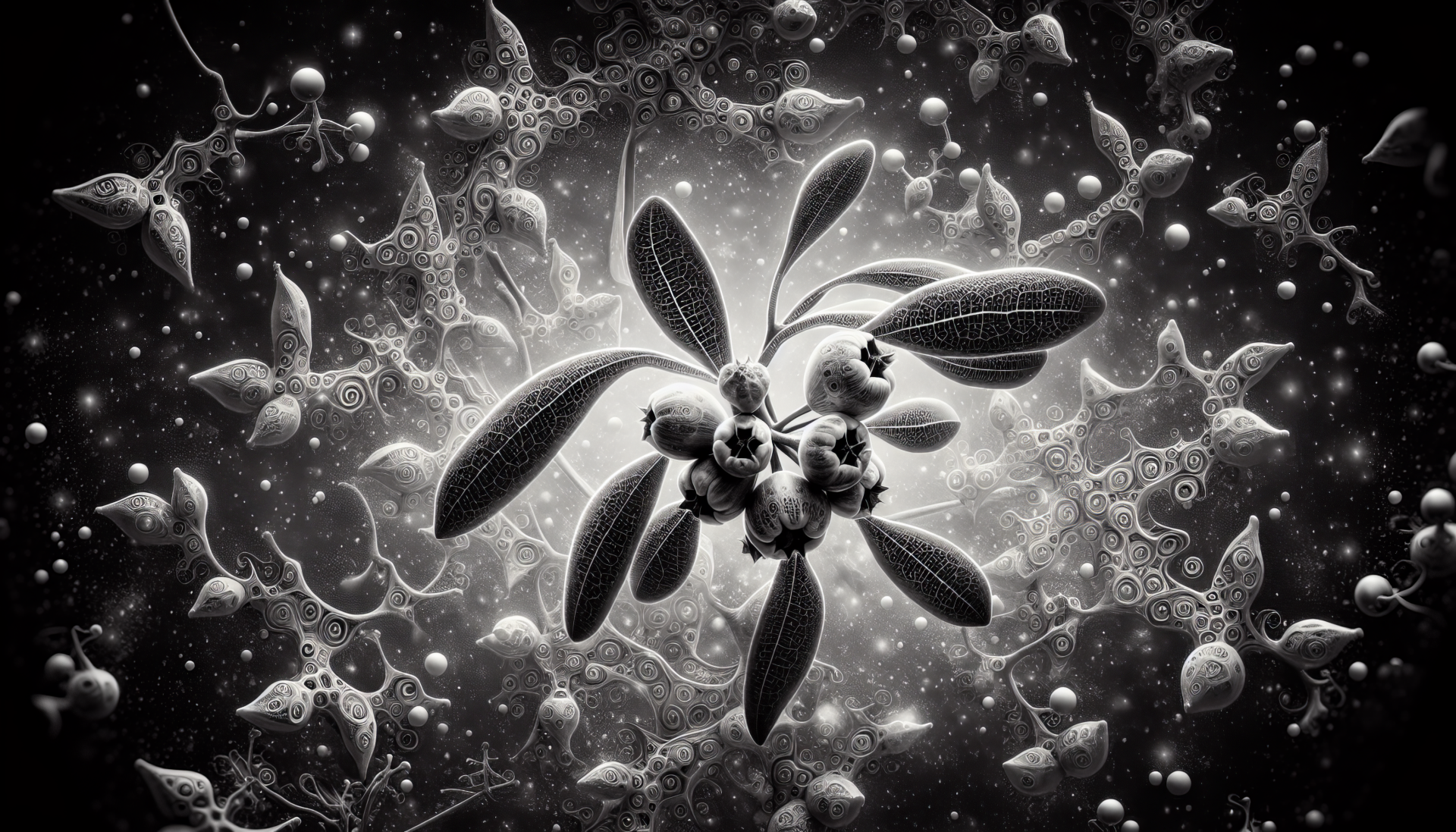 HD desktop wallpaper featuring an artistic black and white illustration of mistletoe with a whimsical, celestial background design.
