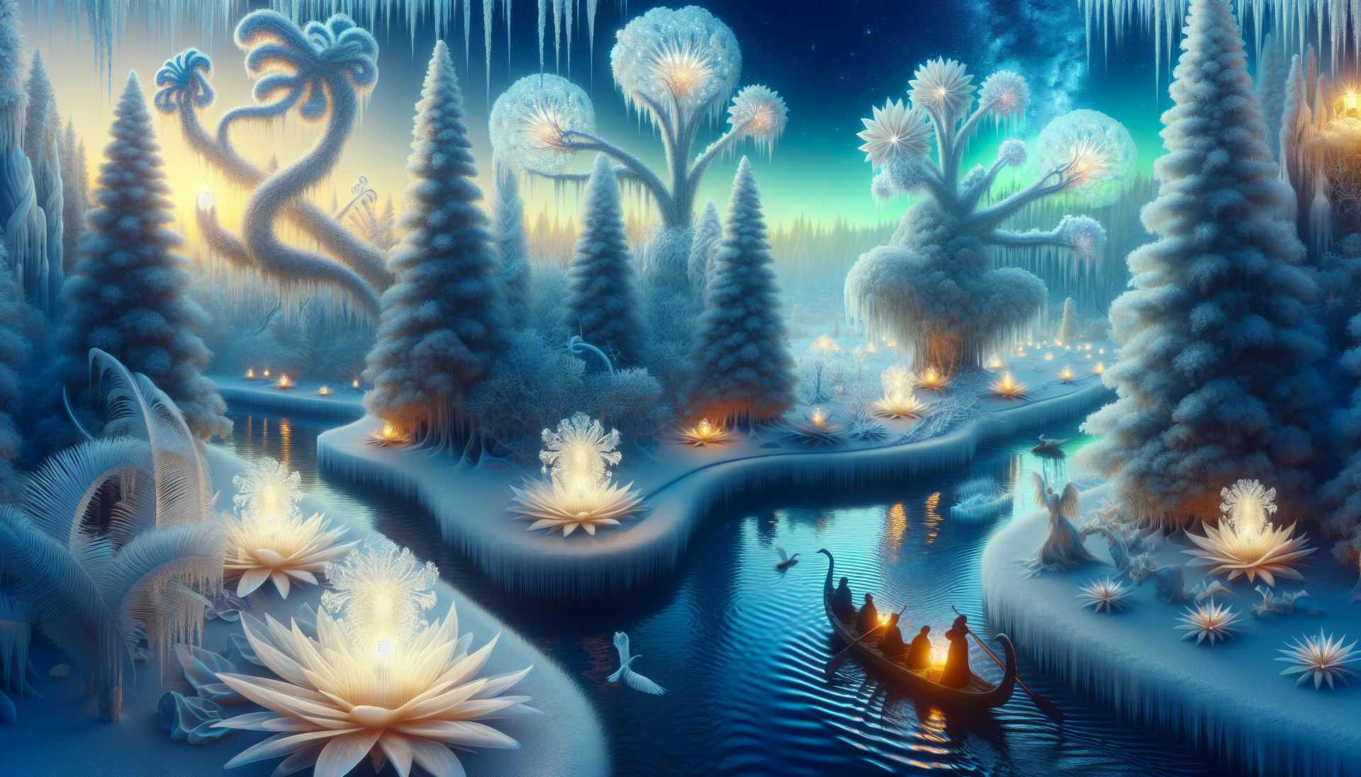 Enchanting winter wonderland HD desktop wallpaper featuring a magical snowy landscape with illuminated trees, flowers, and a serene river.