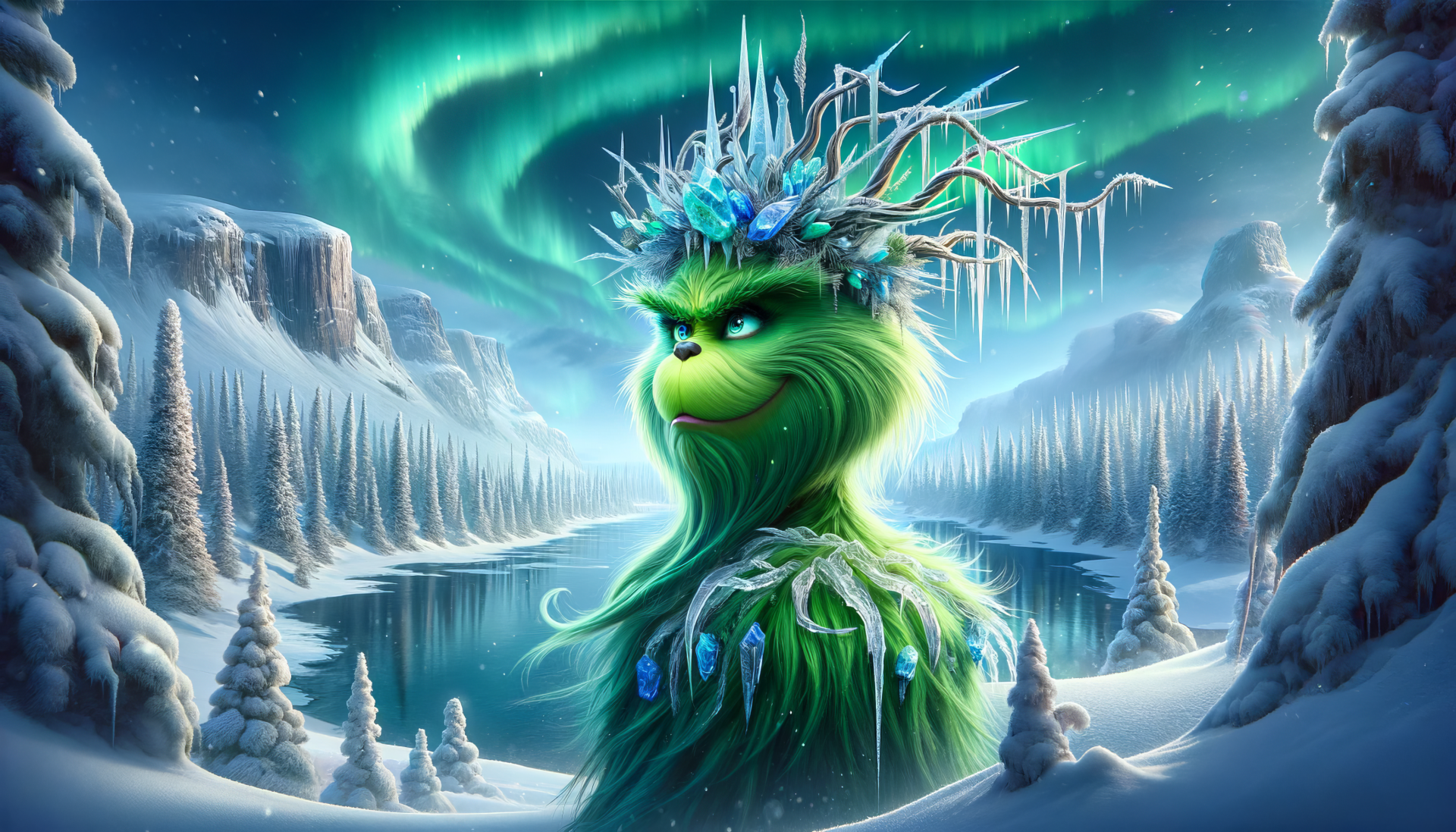 HD desktop wallpaper featuring The Grinch with a wintry, Northern Lights backdrop.