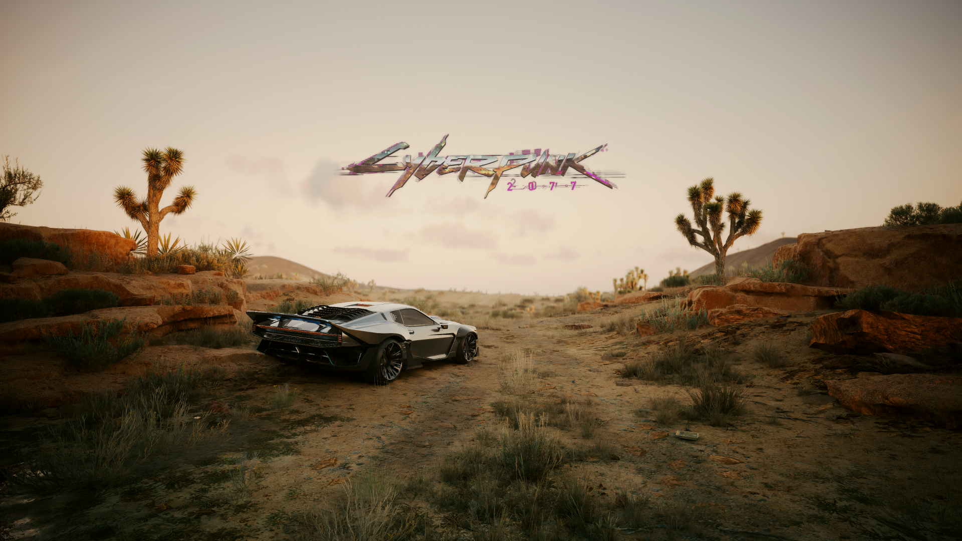 4K Ultra HD Cyberpunk 2077 wallpaper featuring the Quadra Type-66 Avenger parked in a desert landscape with Joshua trees under a soft, muted sky.