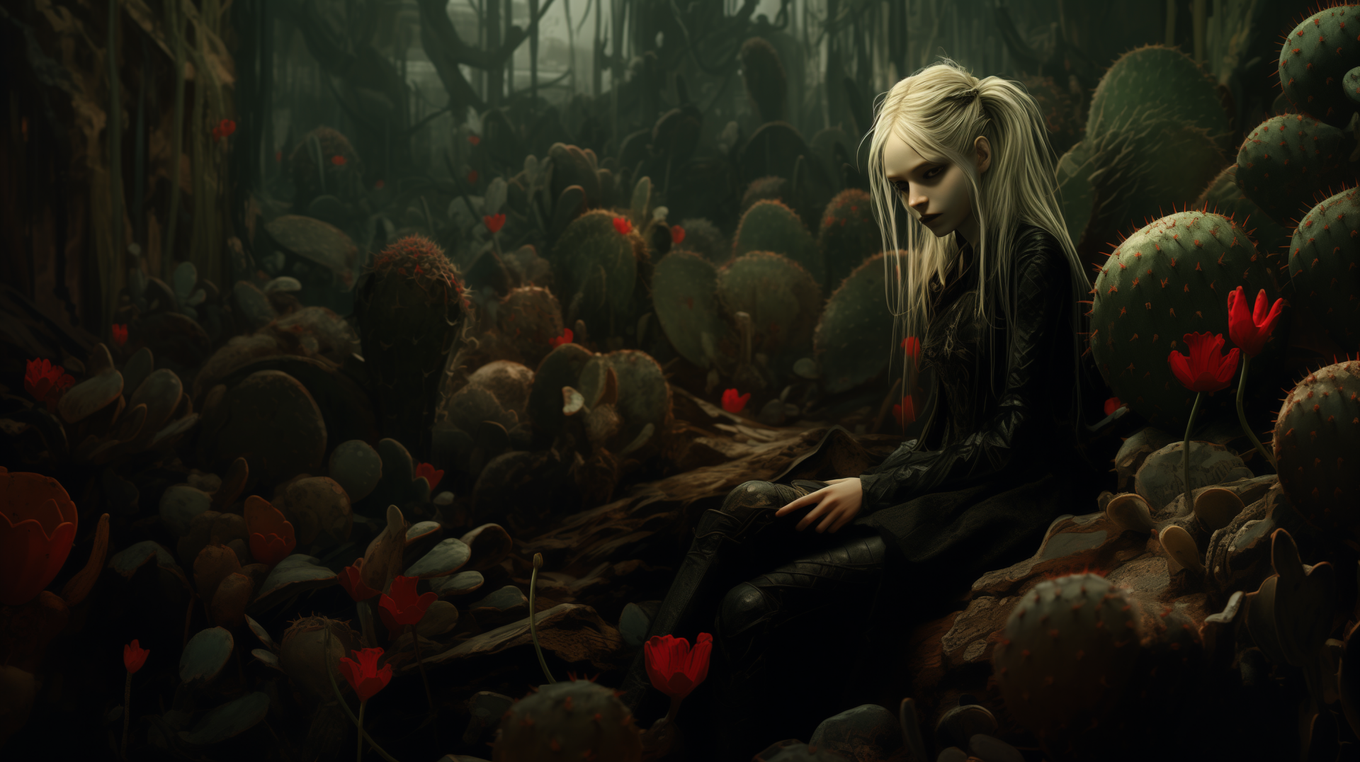 Gothic-themed HD PC desktop wallpaper featuring a pale, somber figure amidst dark, shadowy cacti with red blooms, created through AI art.