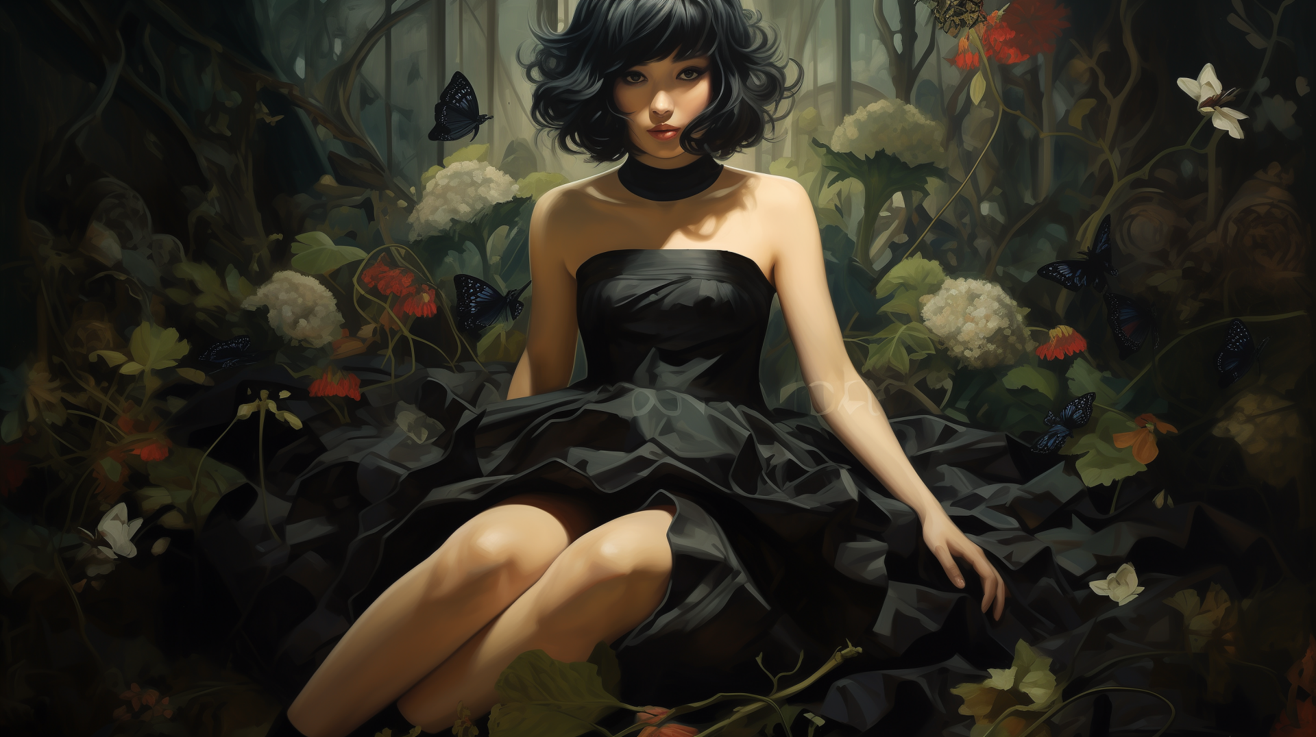A digitally rendered lady in a black dress sits gracefully in a lush garden, surrounded by flowers and butterflies, created as an HD PC desktop wallpaper and background.