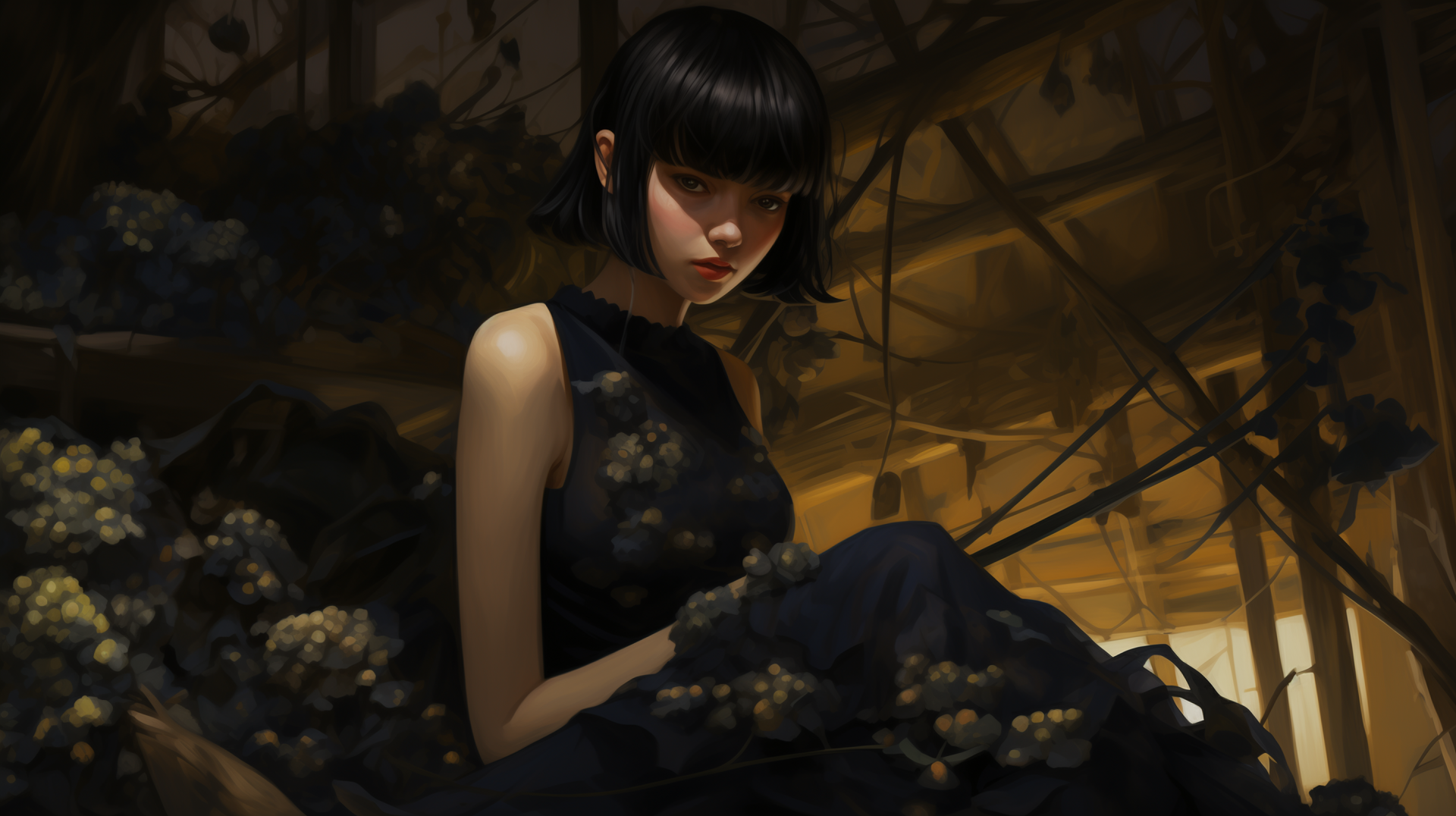 HD desktop wallpaper featuring AI art of a lady in a dark dress sitting thoughtfully in a shadowy garden setting.