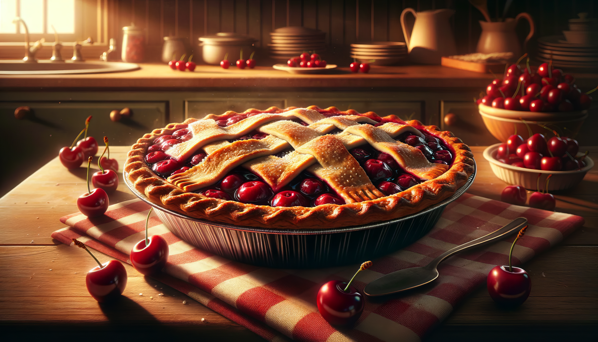 A beautifully baked cherry pie sits on a rustic kitchen table, surrounded by fresh cherries and kitchenware, evoking a warm, inviting atmosphere. HD desktop wallpaper background.