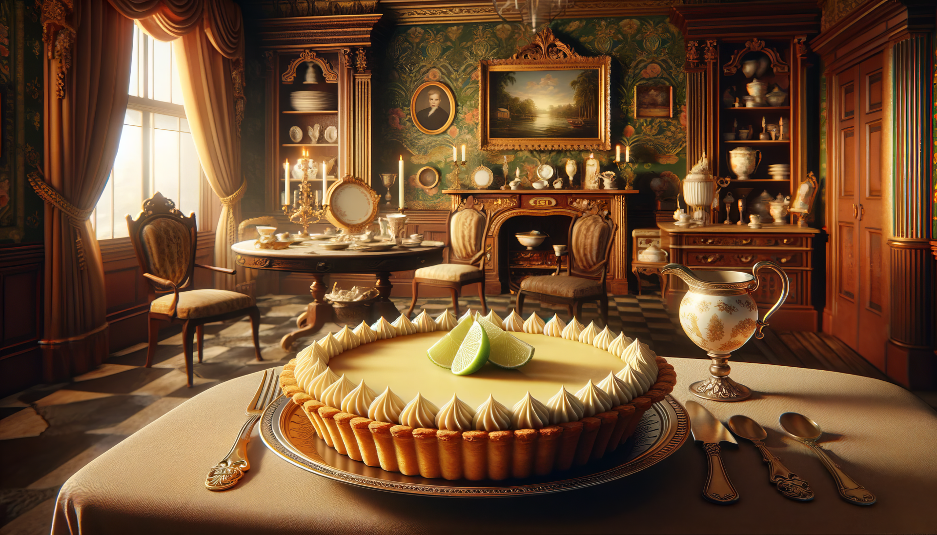 A beautifully crafted key lime pie sits elegantly on a table in a vintage dining room, surrounded by ornate furniture and decor, creating a charming HD wallpaper scene.