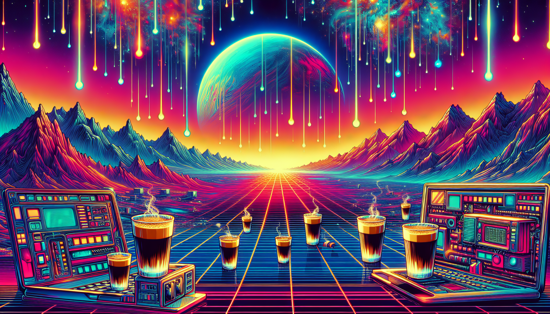 HD Wallpaper featuring surreal espresso-themed digital art with vibrant neon mountainscape, retro control panels, and coffee cups against a cosmic backdrop for desktop background.