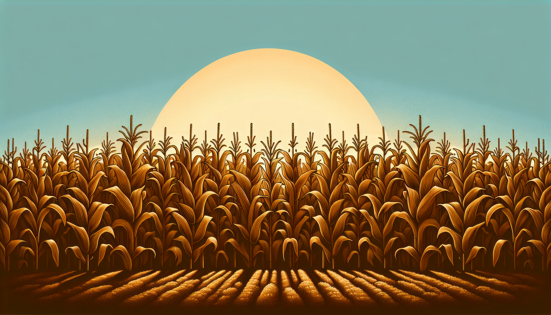 A vibrant HD wallpaper featuring a field of cornstalks silhouetted against a large sun, casting warm light over a serene agricultural landscape.
