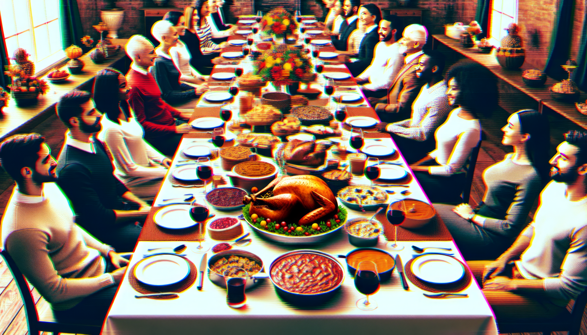 A festive Thanksgiving dinner table spreads with a roast turkey, various dishes, and a diverse group of people joyfully gathered together, creating a warm holiday atmosphere.