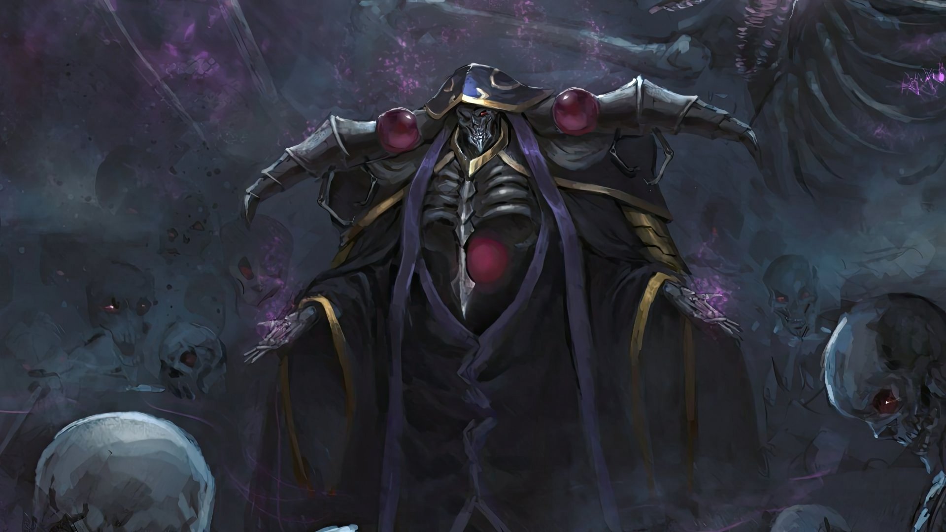 Ainz Ooal Gown from the anime Overlord depicted as a powerful skeleton in dark, mystical armor with glowing purple energy, rendered in 8K Ultra HD for PC wallpaper.