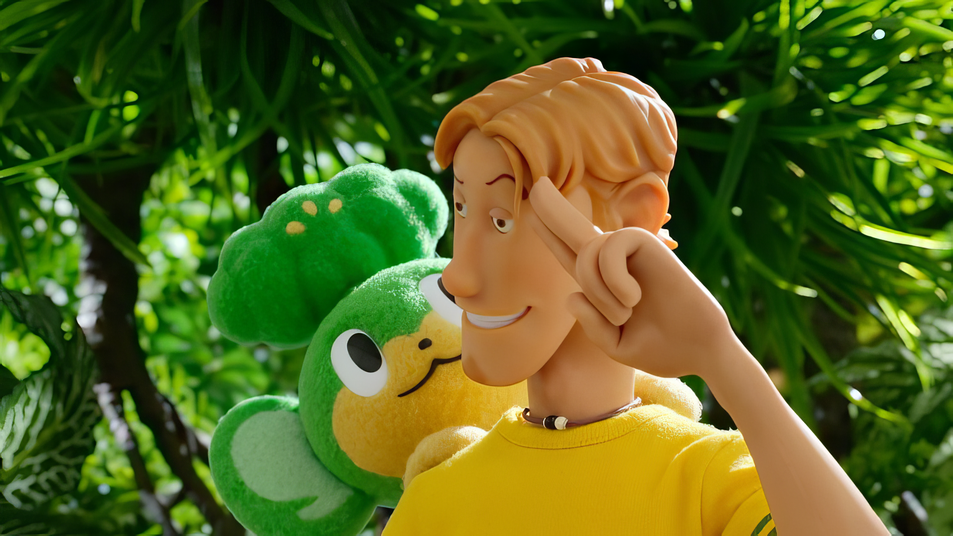 HD wallpaper featuring a scene from Pokemon Concierge with a claymation-style character in the foreground and a Pokémon in the background.