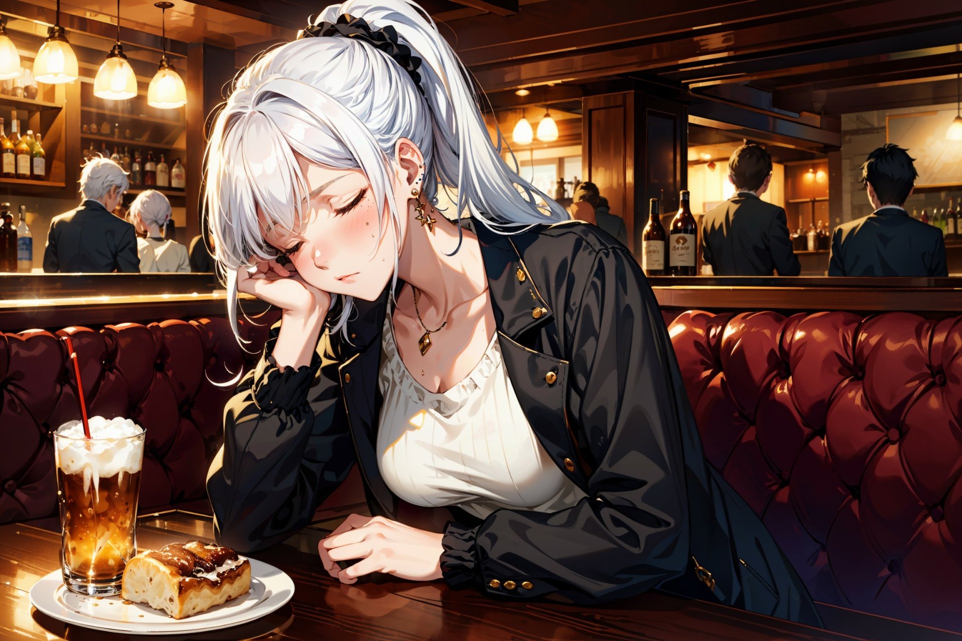 Anime girl with a ponytail resting her head on hand at a dimly lit bar, featured as an HD PC desktop wallpaper from the Late Show series.