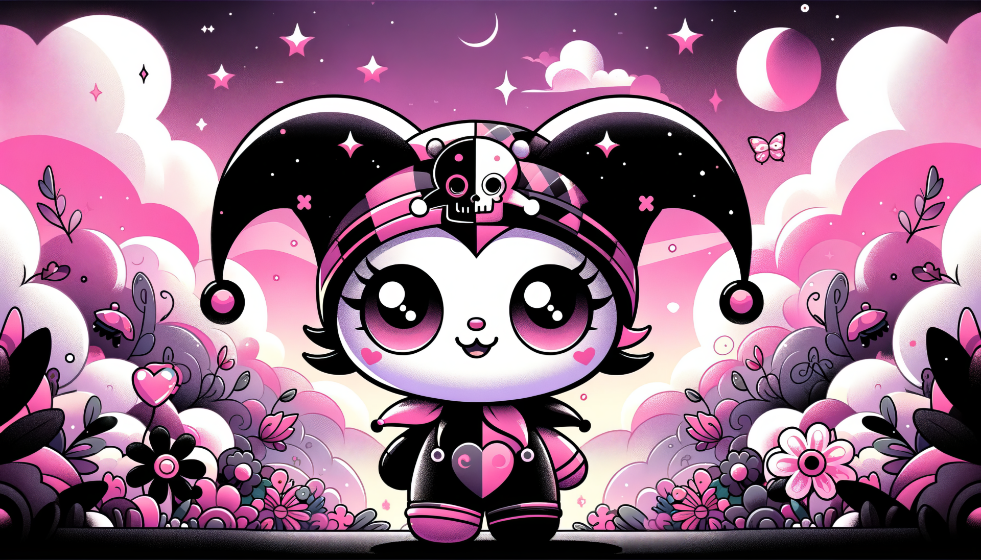 HD desktop wallpaper featuring Kuromi from Onegai My Melody, displaying a cute character in a pink and black jester outfit, surrounded by whimsical flowers and stars against a dreamy backdrop.