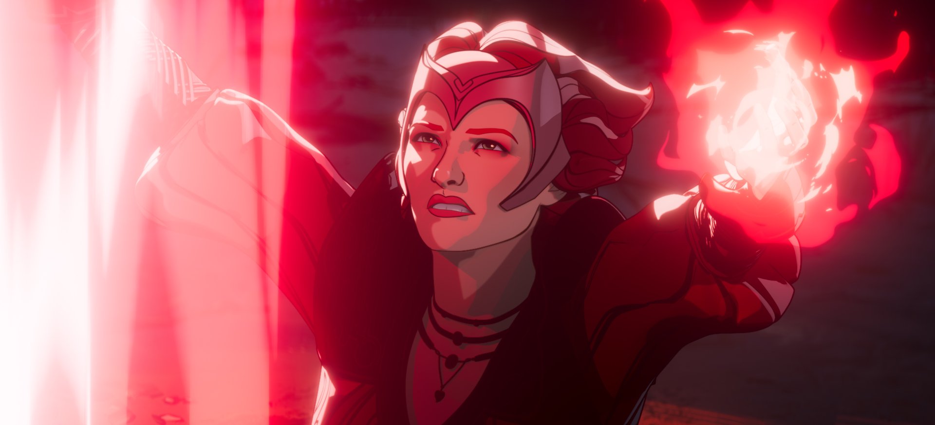 HD desktop wallpaper featuring a scene from the TV Show 'What If...' with a stylized animated character in action pose, emitting red energy.