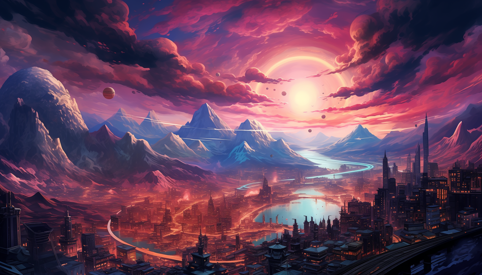 A captivating anime-style illustration of a futuristic city against a majestic mountain range, under a vibrant sunset sky, tagged AI Art. This HD wallpaper makes for an enchanting desktop background.