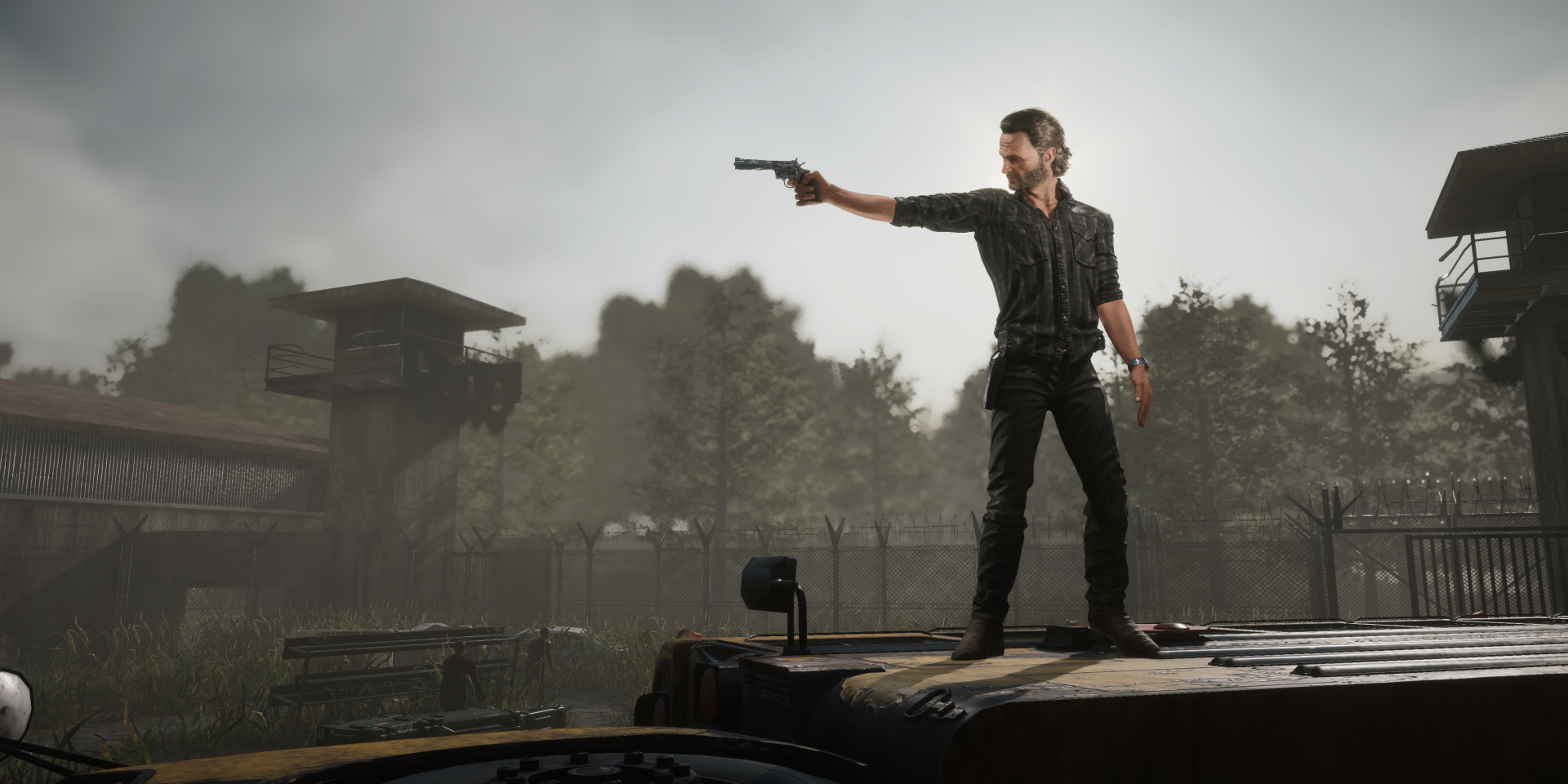 HD wallpaper of a character wielding a gun from The Walking Dead: Destinies video game, standing atop a vehicle with a watchtower in the background.