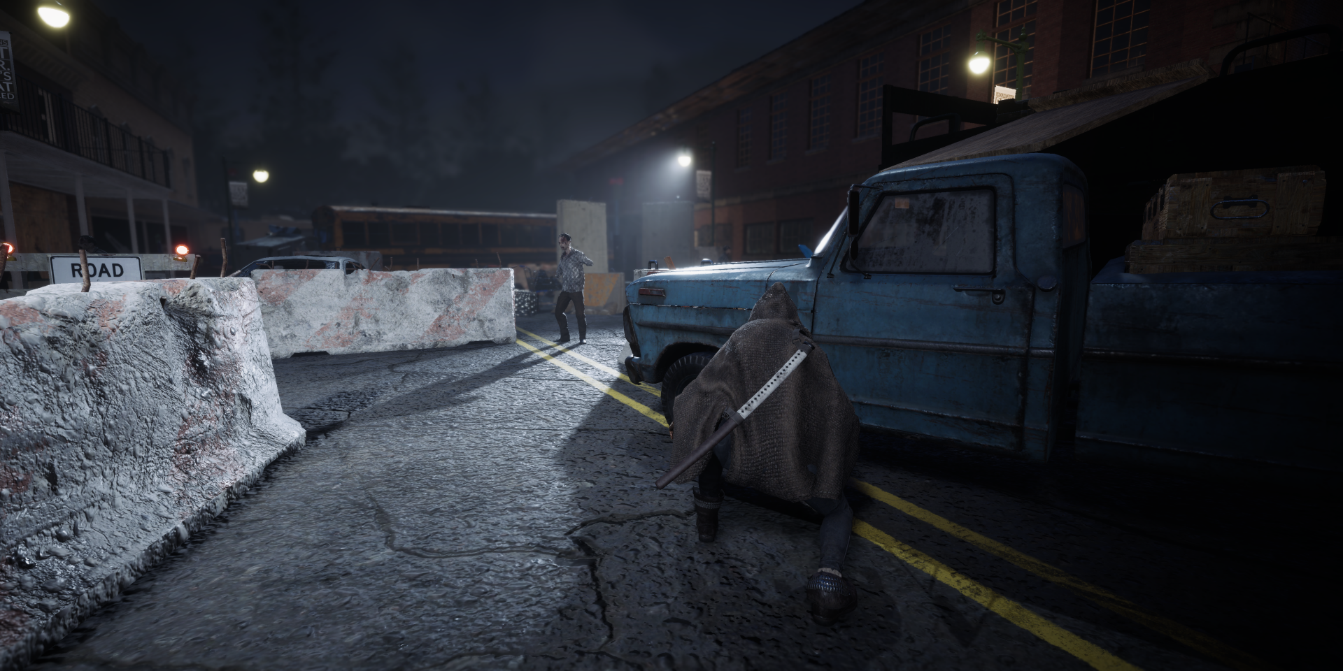 HD desktop wallpaper from The Walking Dead: Destinies video game featuring a nighttime scene with an old truck and characters in a desolate urban setting.