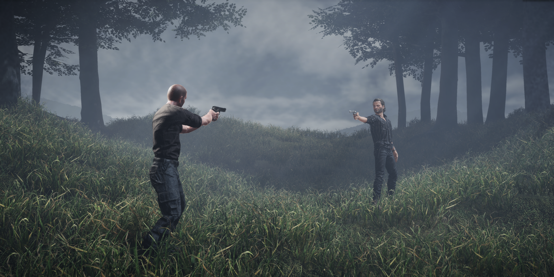 HD wallpaper of two characters in a tense standoff from The Walking Dead: Destinies video game set in a misty forest.
