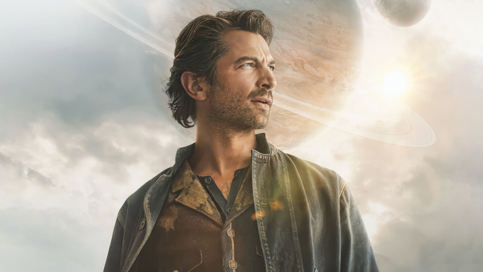 Michiel Huisman gazes into the distance against a cosmic backdrop in this HD wallpaper for the movie Rebel Moon, showcasing a blend of adventure and sci-fi elements.