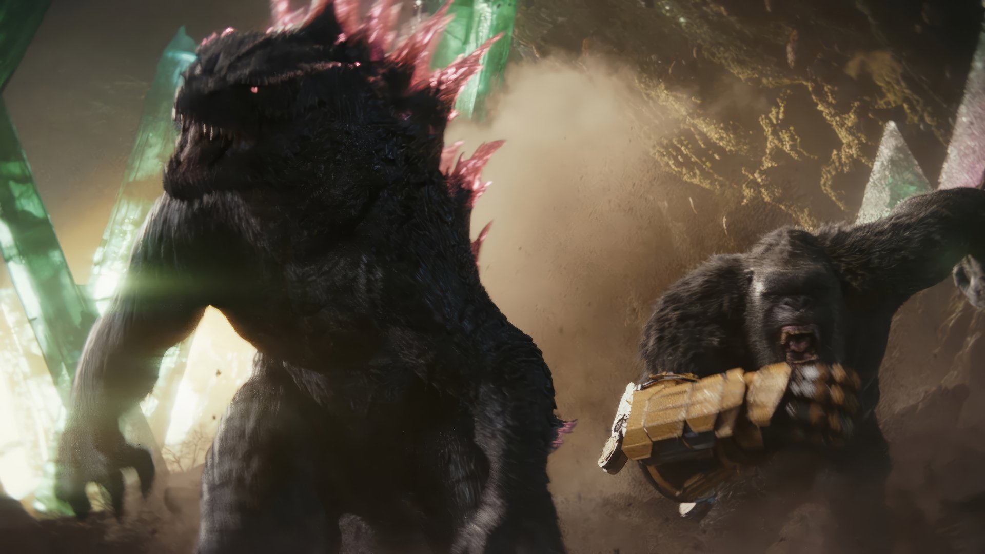 A dynamic HD wallpaper featuring Godzilla and Kong from the films Godzilla Minus One and Godzilla x Kong: The New Empire, showcasing their epic clash amidst a dramatic backdrop.