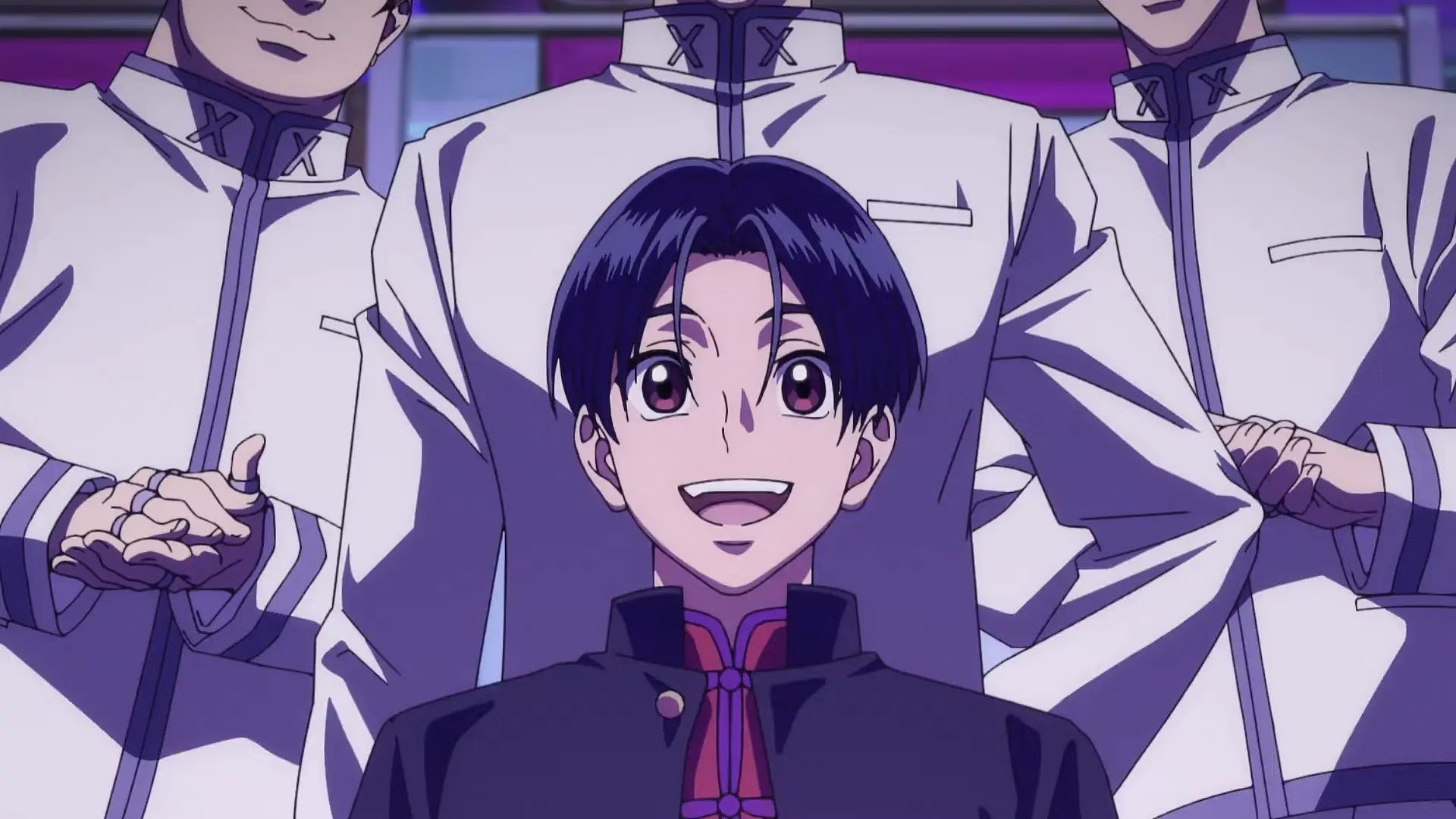 Anime character from Bucchigiri?! with a cheerful expression, featuring HD desktop wallpaper background with a purple hue and other characters in the backdrop.